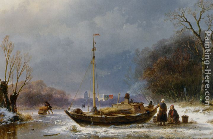 A Wintry Scene with Figures near a Boat on the Ice painting - Andreas Schelfhout A Wintry Scene with Figures near a Boat on the Ice art painting